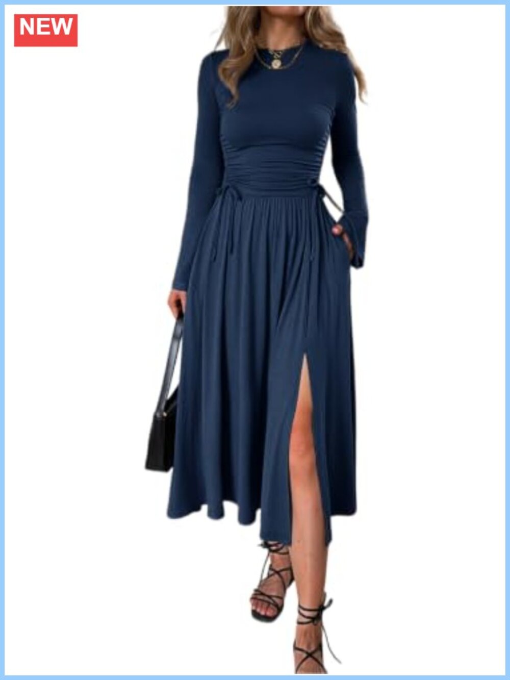 Womens Long Sleeve Ruched Midi Dress A Line with Pockets